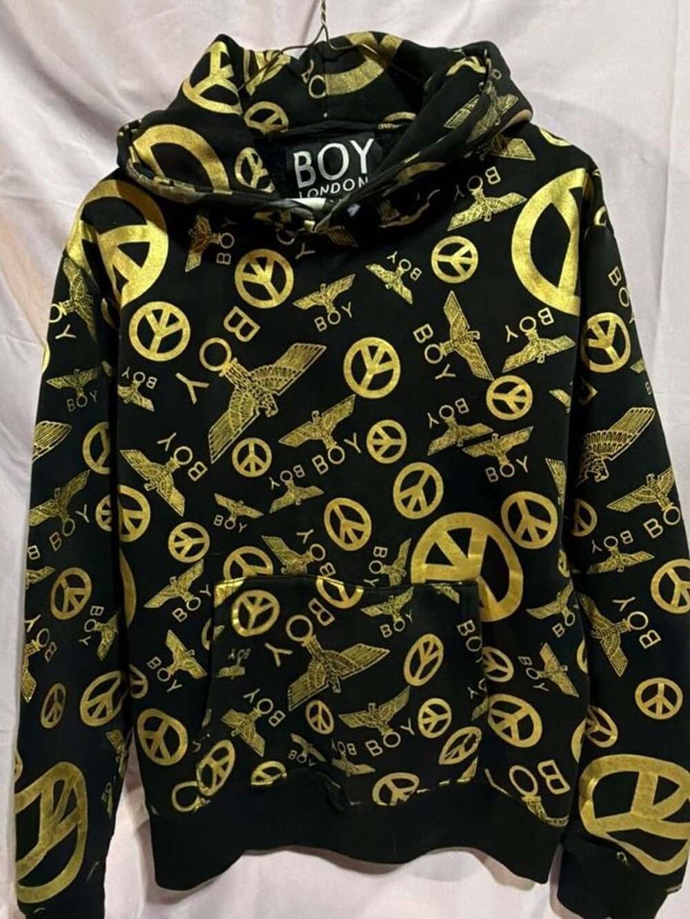 Boy London Hoodie Size L Black Gold Foil Peace Print Pullover